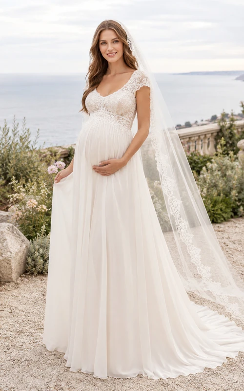 Vestido de novia de maternidad con mangas cortas y escote en V con velo para bodas en destinos exóticos
