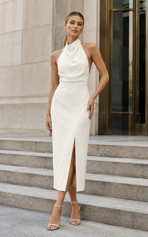 Satin Halter Slit Sheath Floor-length Elopement Formal Dress