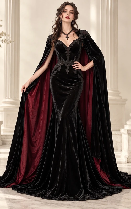 Robe de soirée gothique en velours noir à col en V et doublure contrastée, style cape