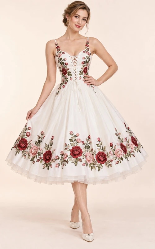 Vestido de novia vintage de corte A con escote corazón, tirantes finos, corsé de tul bordado con rosas y largo hasta la rodilla.