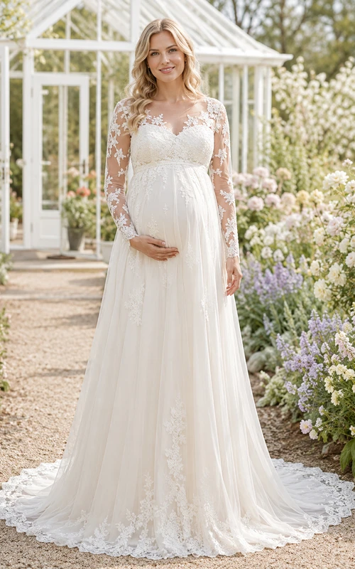 Vestido de novia premamá con escote en V, manga larga, encaje, estilo jardín, con cola en línea A.