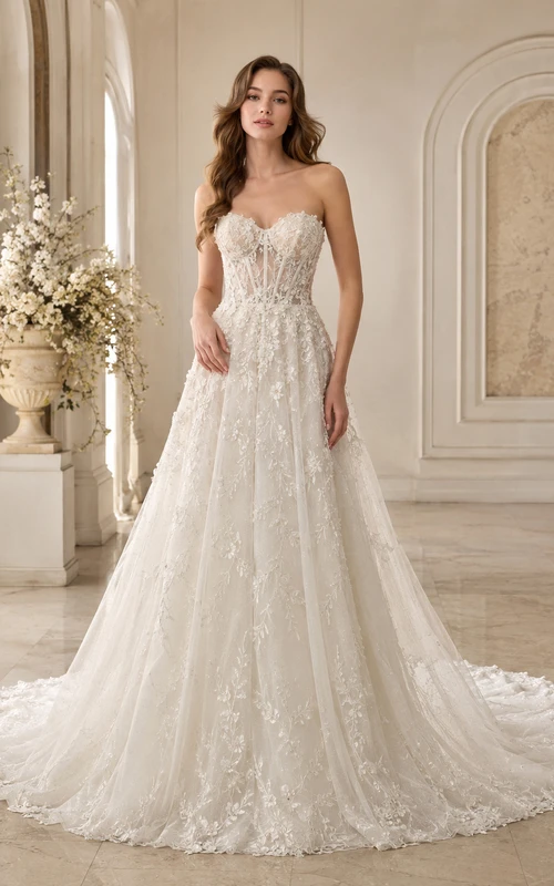Trägerloses Brautkleid mit Herzausschnitt, botanischer Spitze, A-Linie und romantischer Kapellenschleppe