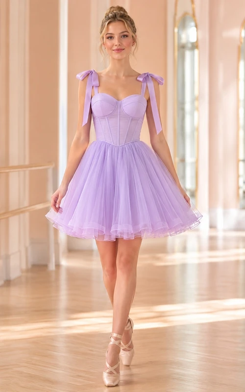 Robe de cocktail de bal de promo adorable en tulle lavande, décolleté cœur, coupe trapèze, nœud papillon court