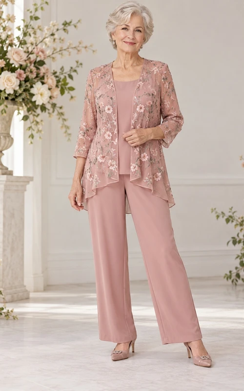 Modest Dusty Rose Floral Lace Jacket Wide Leg Mother Pantsuit