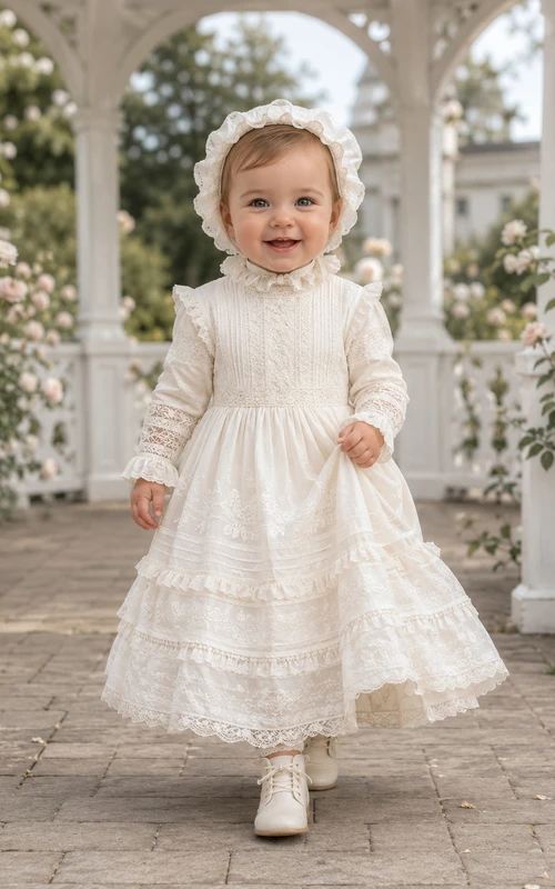 Vintage Modest Baby Baptism Christening Ceremony Dress A-Line Tea-Length High Neck Long Sleeve Tulle Lace Ruffle Trim Tiered Skirt Button Back