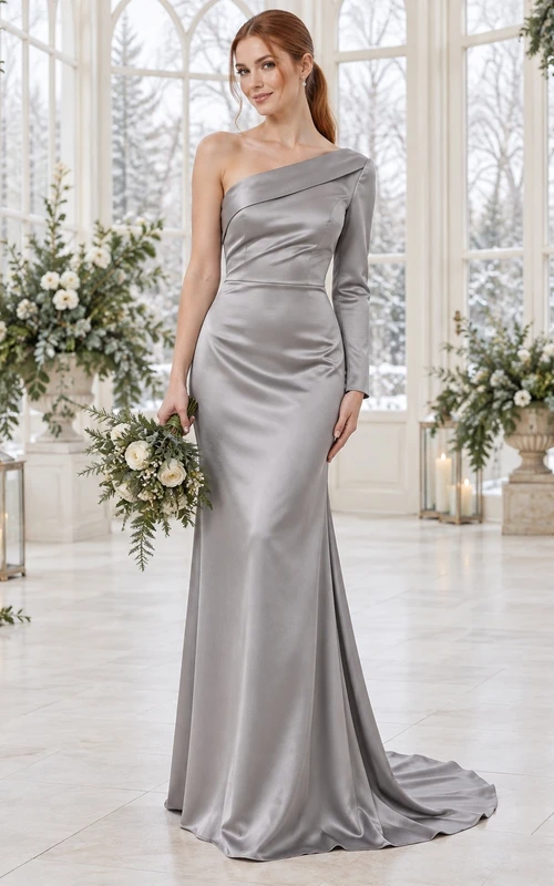 Vestido de dama de honor de satén plateado con un solo hombro y manga larga, estilo sirena.