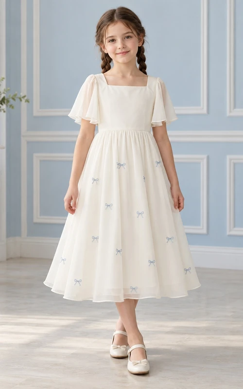 Schlichtes elfenbeinfarbenes, teelanges Chiffonkleid mit eckigem Ausschnitt, abgerundeten Flügelärmeln und blauer Schleife