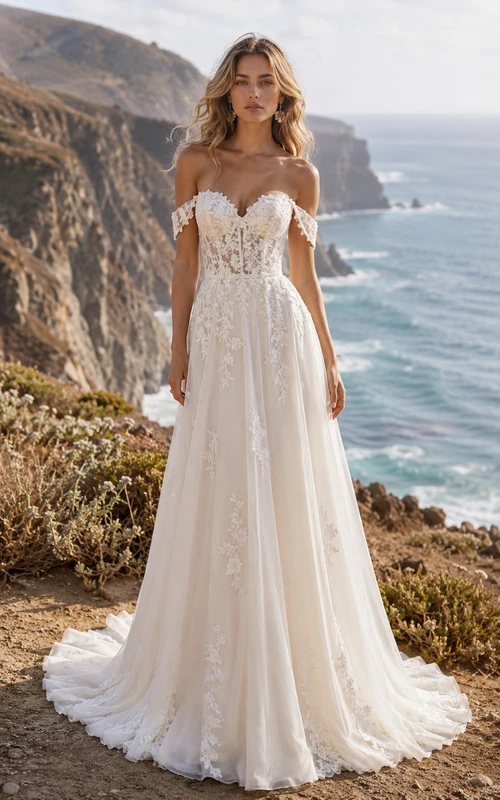 Boho-Strand-Sommer-Hochzeitskleid in A-Linie, schulterfrei, herzförmiger Ausschnitt, Tüll, Spitzenapplikationen, bodenlang, Kapellenschleppe, Elfenbein