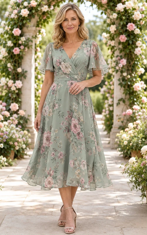 Sage floral V neck flutter sleeve midi wedding guest dress