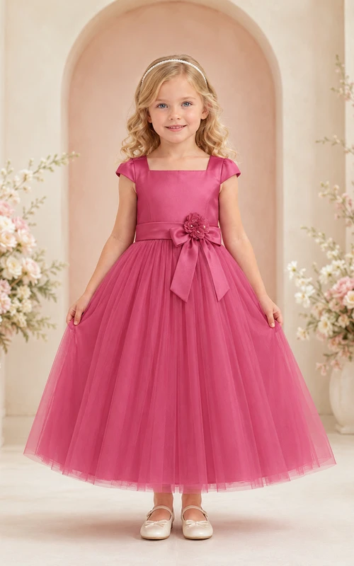 Robe de demoiselle d'honneur élégante en tulle rose framboise, coupe trapèze, sans manches, avec nœud et jupe à volants.