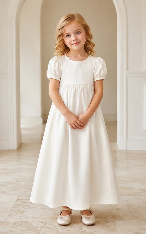 Blumenmädchenkleid Champagnerfarbener Satin A-Linie Puffärmel Rundhalsausschnitt Teelänge