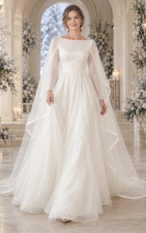 Vestido de novia de invierno de manga larga con escote barco, capa de organza con ribete de cinta y corte en A