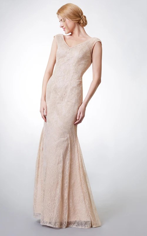 Cap-sleeved V Neck Long Lace Dress With Deep V Back