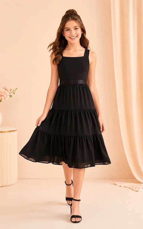 Vestido midi negro de gasa con escote cuadrado, tirantes y volantes.