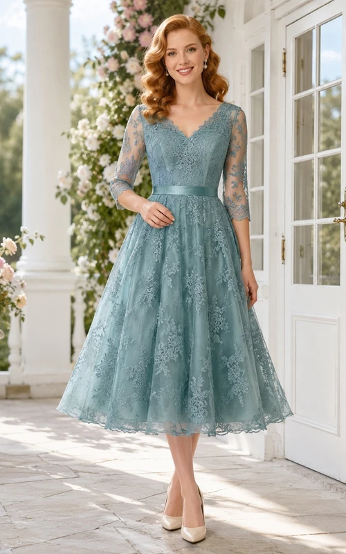 Dreiviertelärmeliges, himmelblaues Brautkleid mit V-Ausschnitt, Spitze und A-Linien-Schnitt in Teelänge