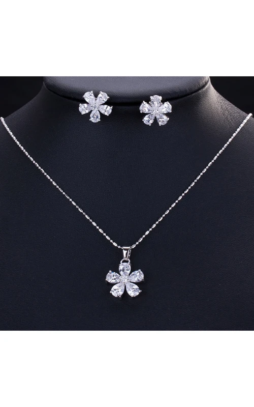Schmuckset aus Halskette und Ohrringen in Blumenform mit Strasssteinen in verschiedenen Farben