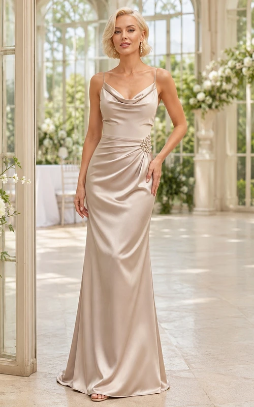 Elegant Champagne Cowl Neck Sleeveless Satin Mermaid Floor-length Gown