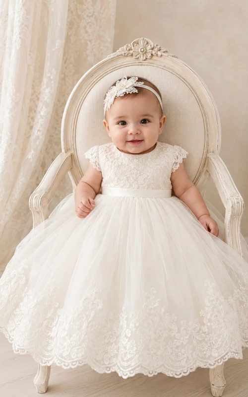 Robe de baptême bébé en tulle et dentelle, coupe trapèze, sans manches, à festons, romantique, élégante et adorable, longueur genou. Longueur genou. Corsage en dentelle. Robe de baptême bébé en tulle, coupe trapèze, ornée de bijoux.