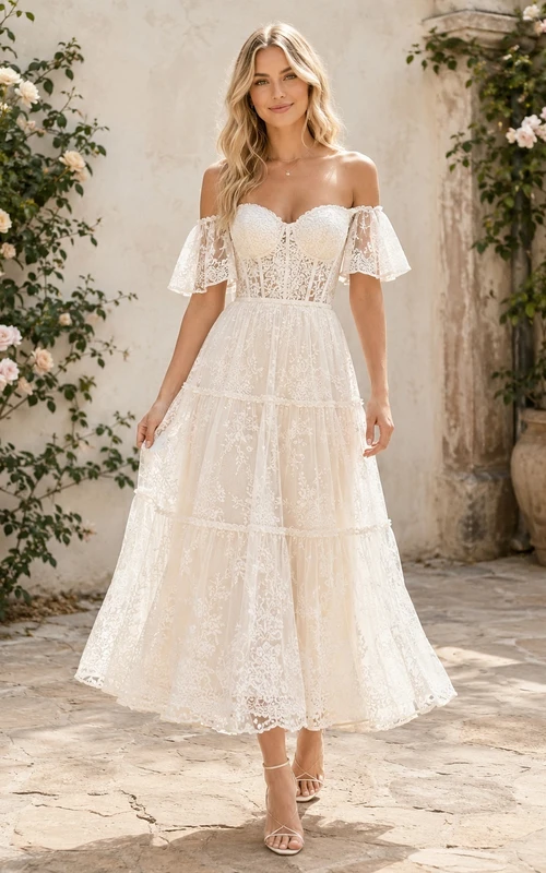 Bohemianisches schulterfreies Brautkleid mit Spitzenbesatz, flatternden Ärmeln und A-Linien-Schnitt in Teelänge