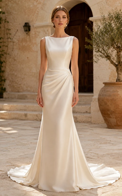 Vestido de novia de satén drapeado con escote barco color champán
