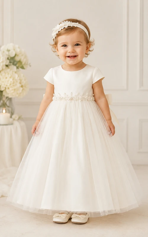 Vestido de bautizo para bebé, estilo modesto, corte en A, manga corta, tul, encaje, largo hasta el suelo, con lazo en la faja, color marfil.