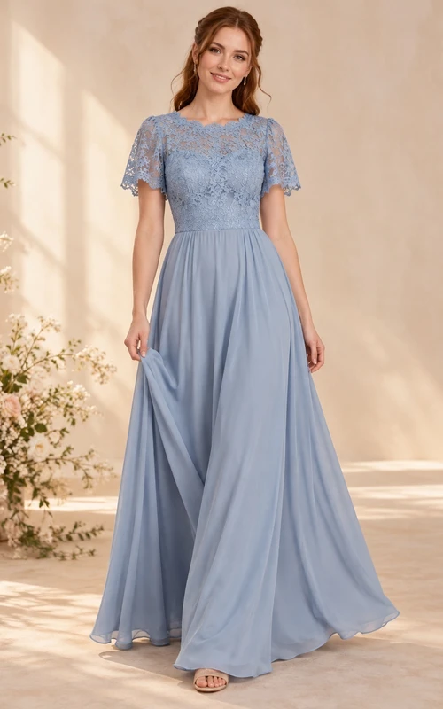 Vestido de dama de honor de gasa con encaje y mangas acampanadas, color azul acero discreto.