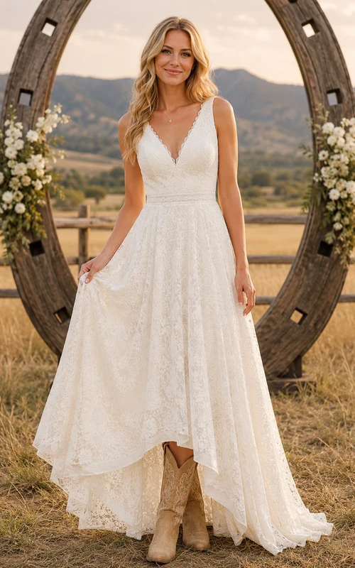 Western Rustic V-Neck High Low A-Line Wedding Dress