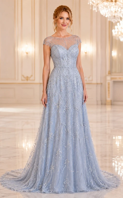 Robe de soirée bleu ciel en tulle à sequins, coupe trapèze, épaules dénudées, manches courtes, traîne ornée de perles