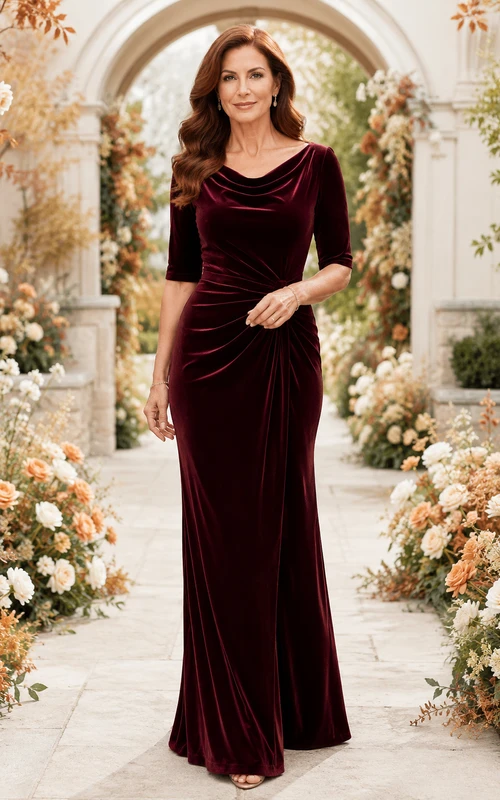 Burgunderfarbenes Samtkleid mit Wasserfallausschnitt