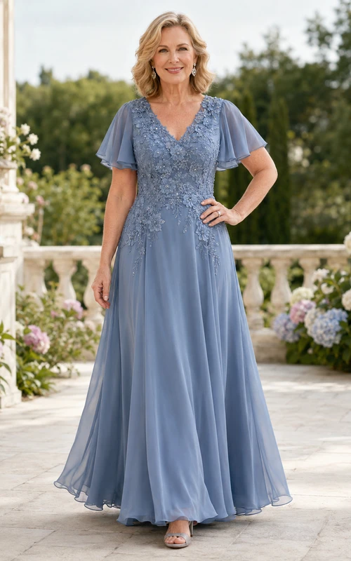 Slate Blue Floor-Length A-Line Romantic Mother of the Bride Chiffon Gown with V-Neck Flutter Sleeves and Floral Lace Bodice