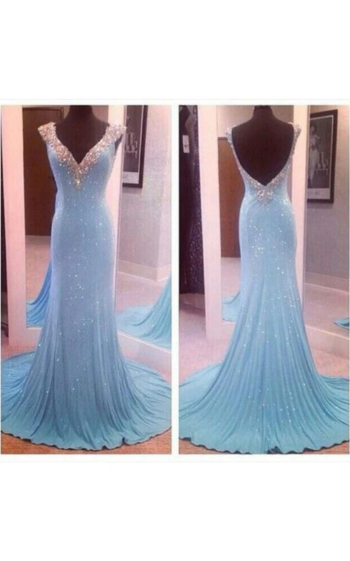 Vestido de sirena con escote en V, lentejuelas y encaje, sin espalda