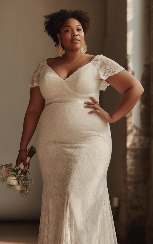 Robe de mariée sirène décontractée en dentelle à manches courtes et col en V, grande taille