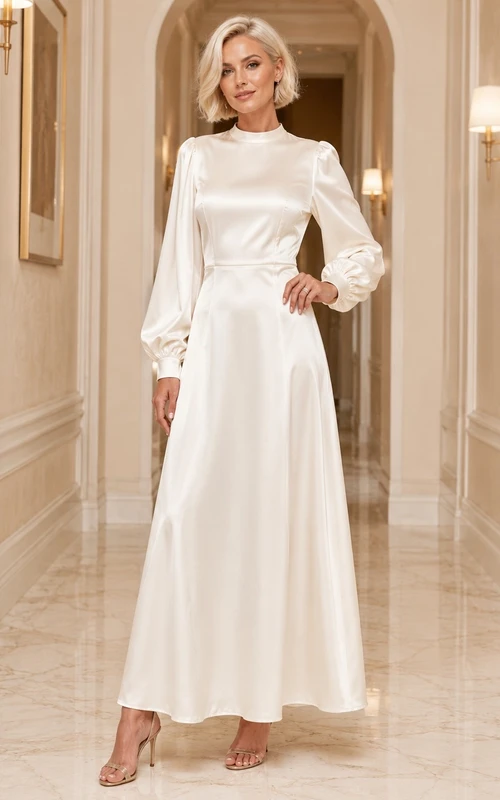 Elegant Satin A-Line Floor-Length High Neck Long Sleeve Formal Dress