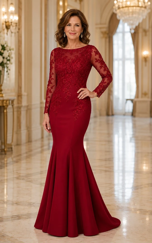 MOB-Kleid, rotes Chiffon-Spitzenkleid, Meerjungfrauen-Stil, lange Ärmel, U-Boot-Ausschnitt, bodenlang, gerafft