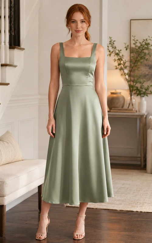 Sage Square Neck Wide Strap Satin A Line Midi Dress