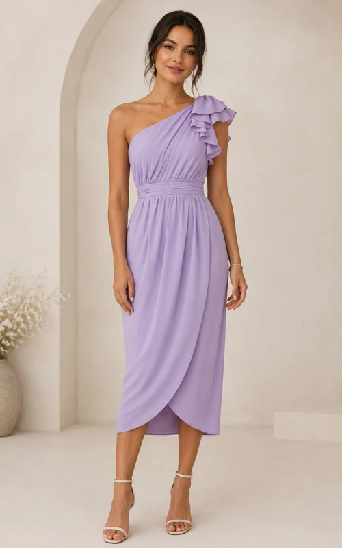Robe lavande asymétrique à volants, longueur thé