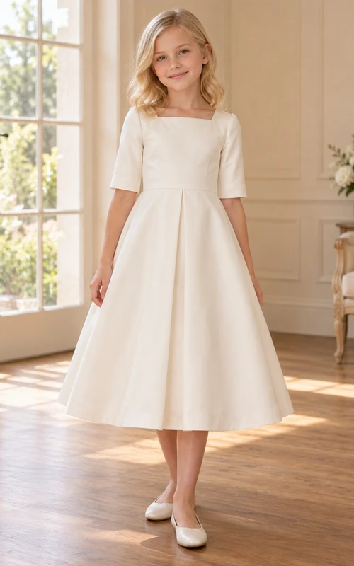 Simple Modest Square Neck Ivory Tea-length Elbow Sleeve Broad Center Pleat Flower Girl Dress