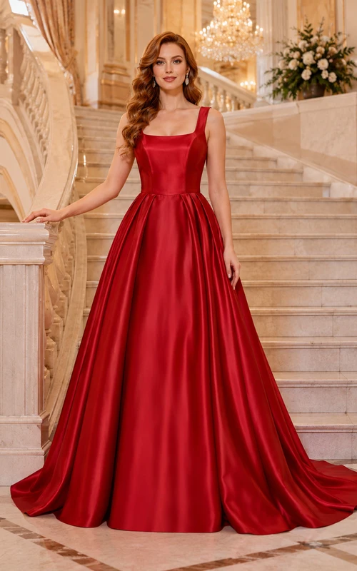 Red Square Neck Straps Satin Ball Gown Wedding Dress