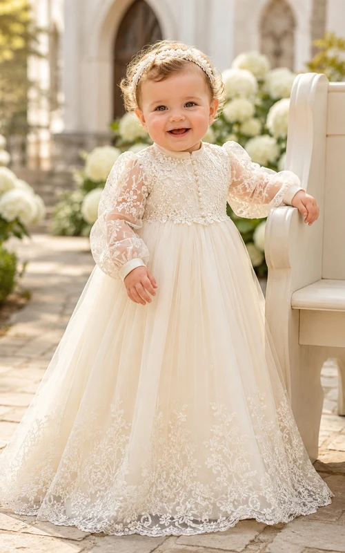 Bishop Sleeve Christening Gown A-Line Lace Tulle Jewel Neck Romantic Hem