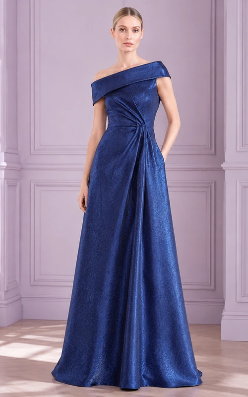 Royal Blue Off Shoulder Satin Floor Length A Line Gown