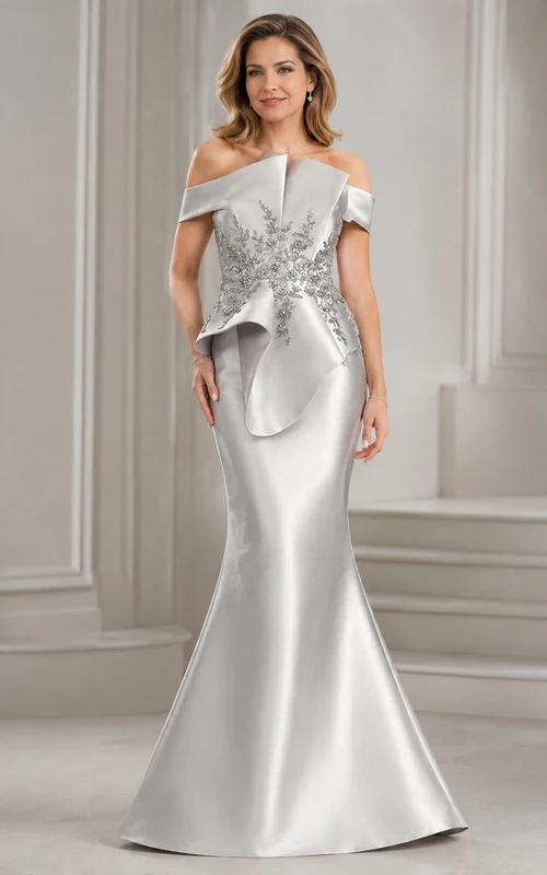 Silver Satin Off-the-shoulder Mermaid Floral Draped Floor-length Luxury Mother Dress
