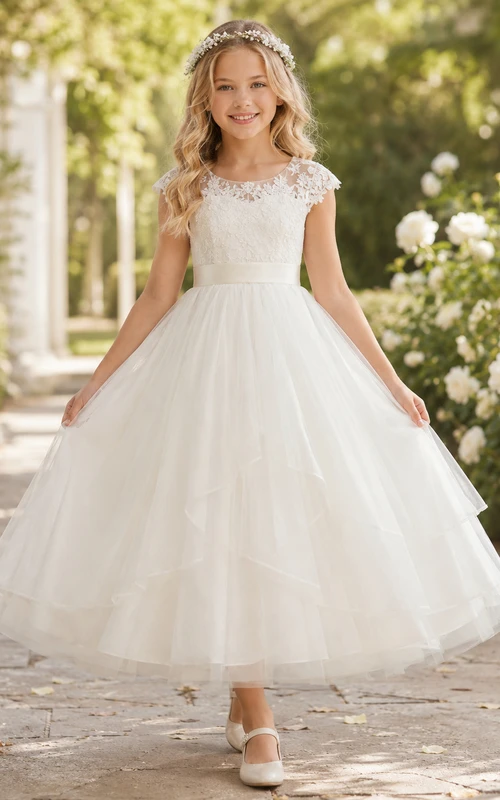 Vestido blanco de niña de las flores, lujoso vestido de gala hasta los tobillos, mangas cortas ilusión, encaje, tul escalonado, satén, cintura