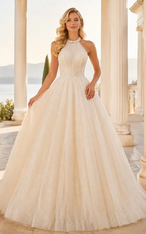 Vestido de novia largo hasta el suelo con escote halter y falda de tul plisada.