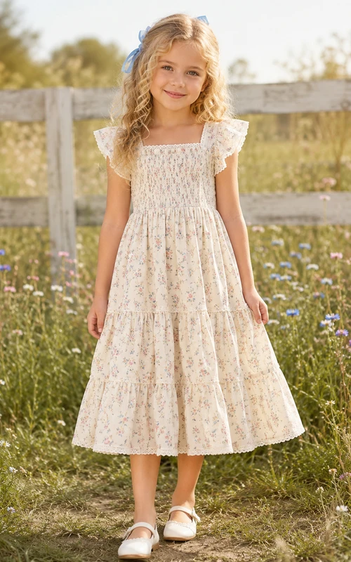 Vintage Casual Country Floral Print Ruffle Sleeve Cotton Flower Girl Tea-Length Garden Dress