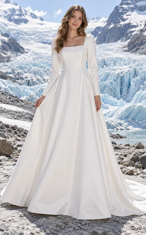 Sencillo vestido de novia de satén de algodón con mangas largas, escote cuadrado, espalda abotonada y cola en línea A.