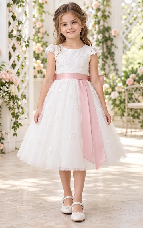 Vestido de niña de flores blanco de corte A con estampado floral, mangas cortas y fajín rosa, hasta la rodilla.