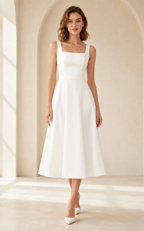 Simple Tea-Length Square Neck Sleeveless Satin A-Line Civil Bridal Wedding Dress