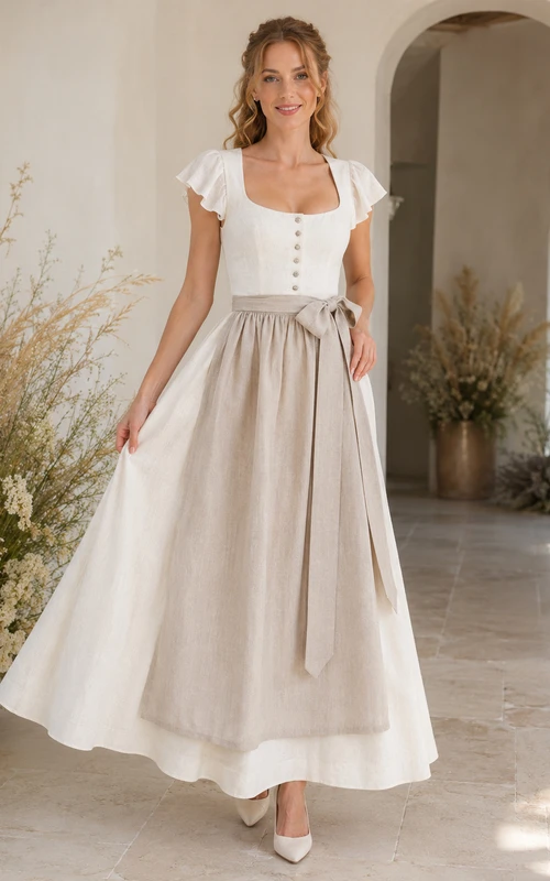 Romantic Linen Bridal Dirndl Square Neck Petal Sleeve Apron Ankle Wedding Dress