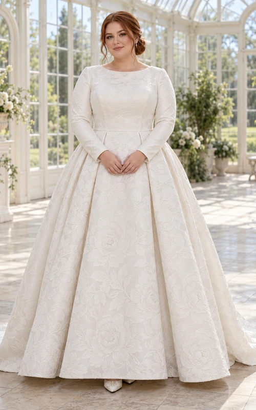 Vestido de novia discreto de manga larga con escote barco, estampado floral jacquard y falda plisada en línea A.