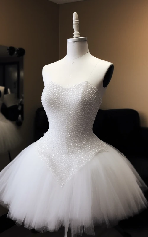 Vestido corto de fiesta de tul blanco con escote corazón y corte en A, con detalles de cuentas.
